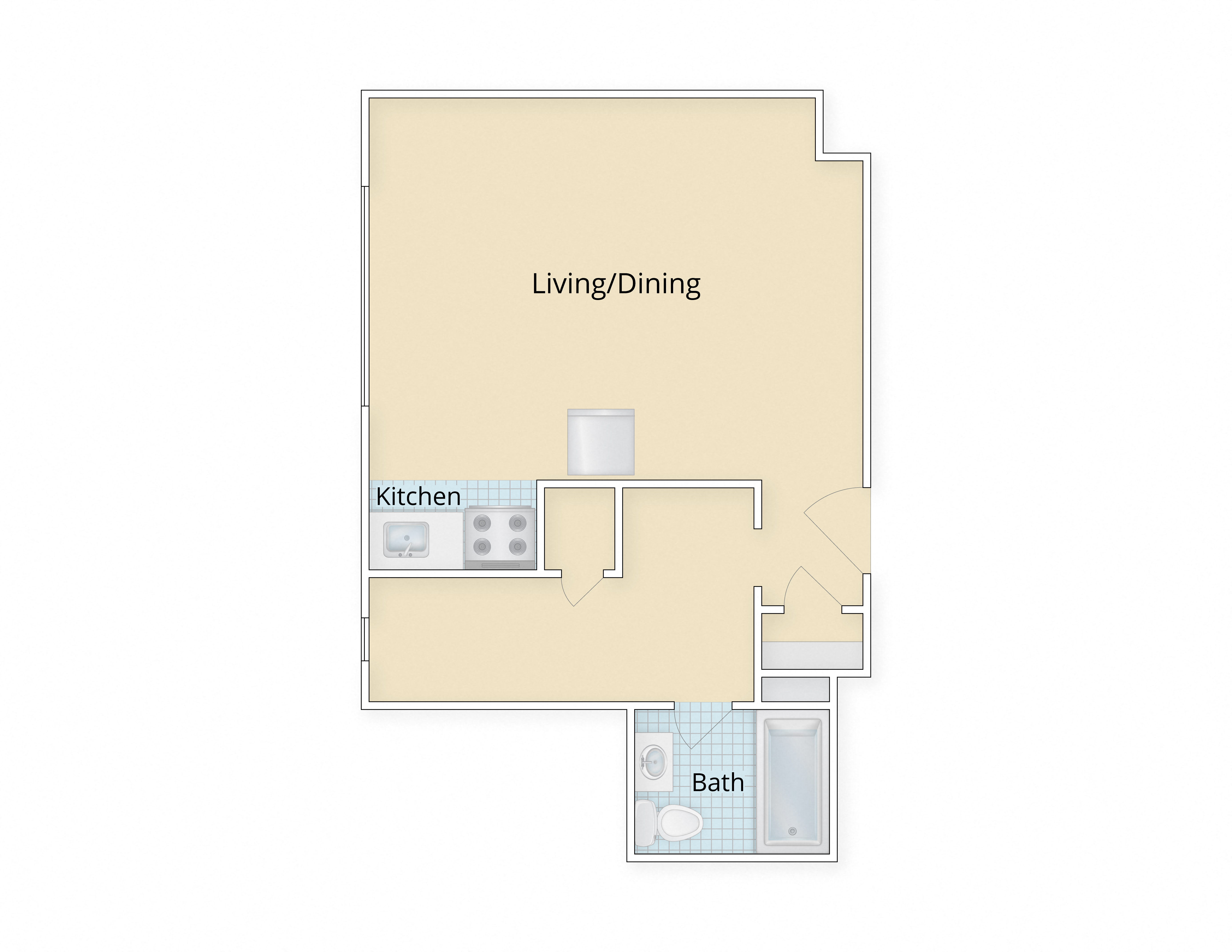 Floor plan for studio, 1 bath, 542 sqft